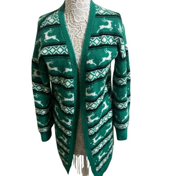 Christmas Cozy Cardigan in Green, Black and White-Fair Isle Style with Reindeer - Picture 1 of 4